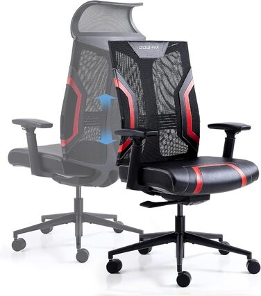 Ігровий крісло Dowinx для офісу та дому з підлокітниками 3D, регульоване, з функцією гойдання, шкіряне, поворотне, чорний/сірий (чорний/червоний)