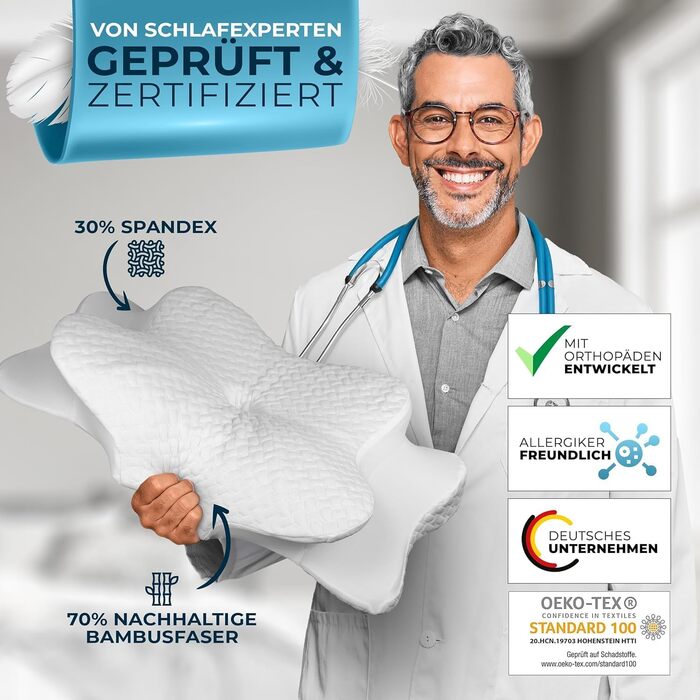 Ортопедична подушка Glückstoff® для всіх типів сну | Подушка для шиї з Memory Foam | Ергономічна подушка для сну на боці (біла, знімний чохол [Версія: Ergo])