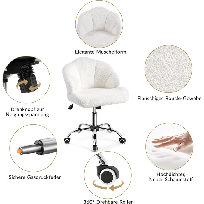 Крісло для дому та офісу Yaheetech, крісло для макіяжу, регульоване по висоті, поворотне, офісне крісло у формі мушлі, крісло з роликами, оксамитове крісло, до 136 кг, білий (сніжно-білий)