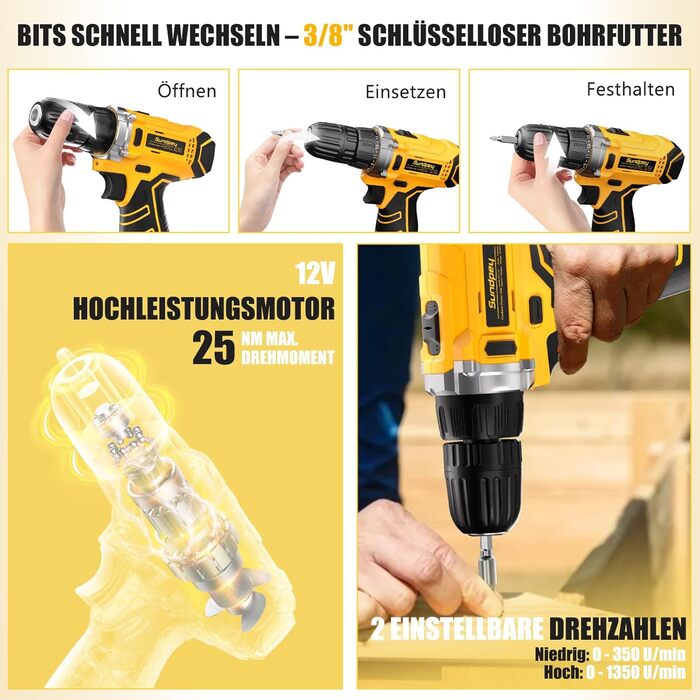 Набір інструментів Sundpey 166 предметів з акумуляторною викруткою 12V для дому, ремонту та саду (жовтий)