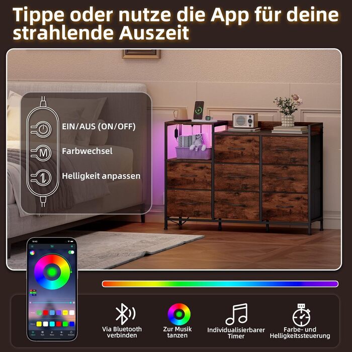 Комод Somdot для спальні, вітальні, передпокою з висувними ящиками, LED-підсвічуванням та розеткою (2 AC, 1 USB, 1 Type-C), 5 тканинних ящиків, білий, 29T x 66,5B x 70,5H см (декор під дерево, 29T x 99B x 70.5H см (8 ящиків))