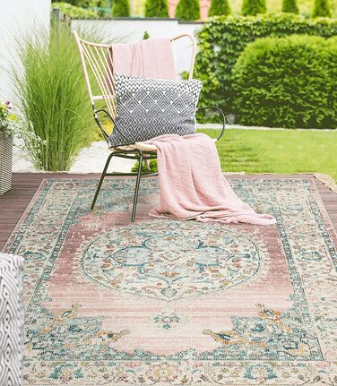Килим Пальма міцний килим, плоска тканина, сучасний дизайн, Ідеально підходить для кухні та їдальні, вінтажний вигляд, старий вигляд, дуже плоский, навіть для використання на відкритому повітрі, (160 х 230 см, рожевий)