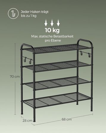 Полиця для взуття, полиця для взуття з 3 рівнями, металева полиця з 4 бічними гачками, для 12 пар взуття, регульована по висоті полиця, для вішалки для верхнього коридору, легка збірка, чорне чорнило (4 рівні (28 x 68 x 70 см))