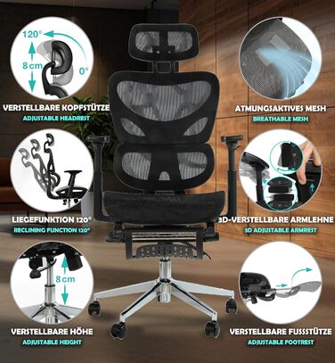 Офісний крісло Sesto Senso K80G Grey (1, Black) з підставкою для ніг, ергономічний, з регульованою спинкою та підлокітниками, для керівників