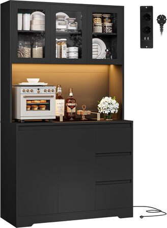 Чорний кухонний буфет з LED-підсвіткою, стільницею та 3 висувними ящиками, 180x100x38.5 см
