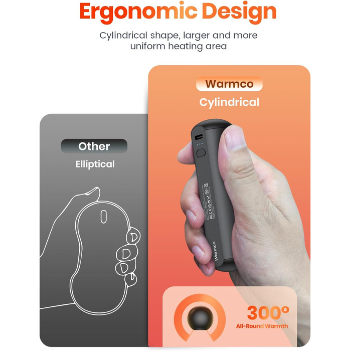 Електричні грілки для рук Warmco 2 шт., 10000 мАг, багаторазові, 3 режими нагріву, портативна батарея-грілка, чорний