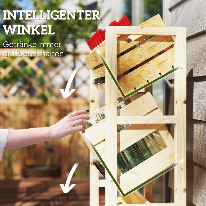 Стеллаж для напоїв на 3 ящики, дерев'яний. Трирівнева конструкція, розміри 56 x 32 x 112 см, виготовлений з натурального дерева.