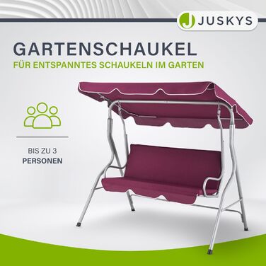 Садова гойдалка Juskys на 3 місця з регульованим дахом та м'якою подушкою, до 200 кг, водовідштовхувальний поліестер, протиковзкі ніжки, для саду та тераси, бордова