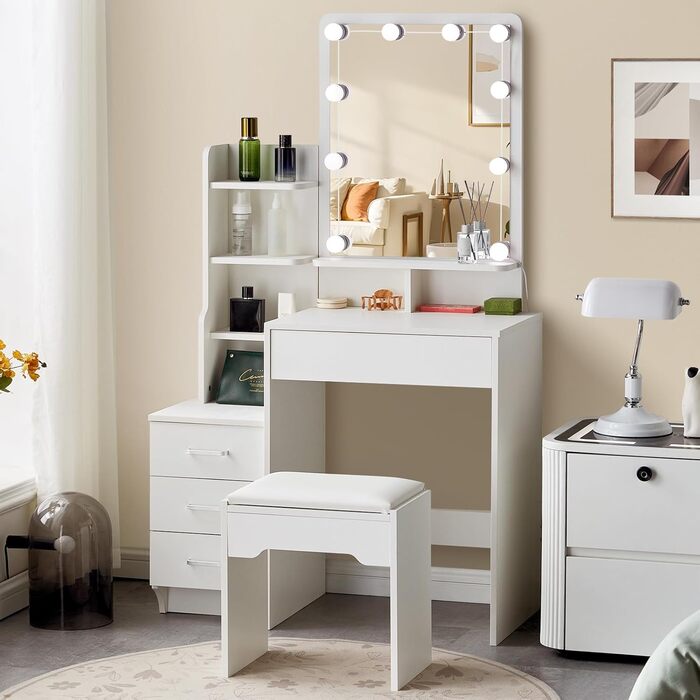 Тюльпанний туалетний столик TUKAILAI з LED-підсвічуванням та пуфом, дзеркало з 3 кольорами, компактний столик для макіяжу з шухлядою та відкритими полицями, 87x40x149 см