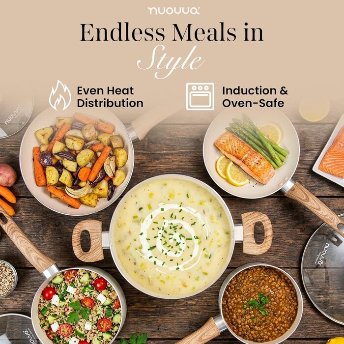 Набір каструль та сковорідок з антипригарним покриттям Nuovva - 8 предметів, кремовий граніт, для індукційних плит