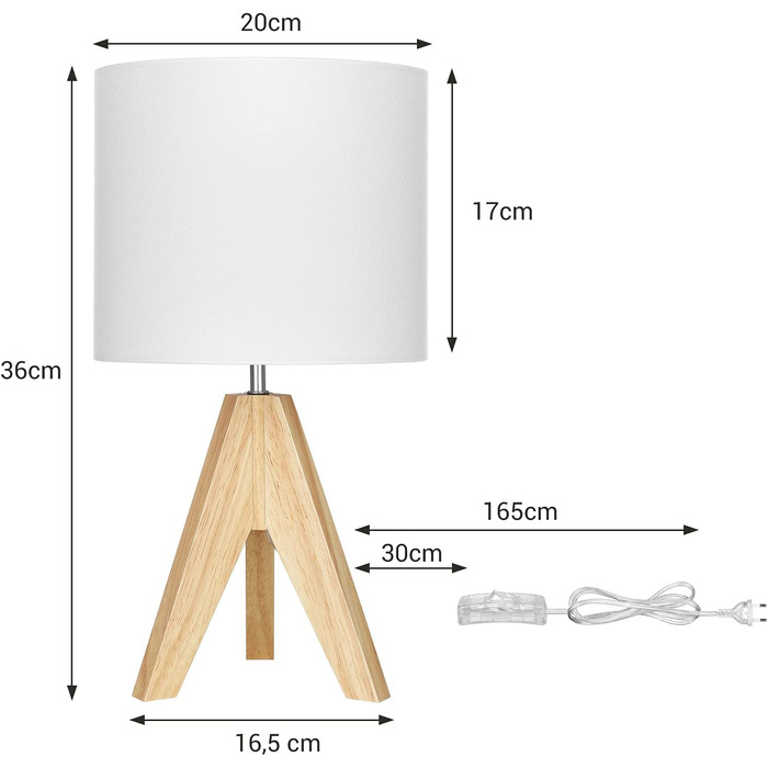 Приліжковий світильник дерево, штатив, E27, лляний абажур, білий, спальня/вітальня, без лампочки