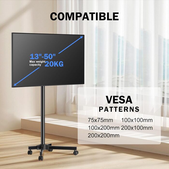 Підставка для телевізора XINLEI, телевізійна візок для телевізорів 13-50 дюймів, регульована висота, кут нахилу 30°, з колесами, VESA 200x200 мм, ML1350