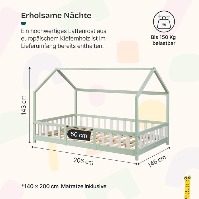 Детське ліжко Sisimiut Montessori з бортиками, без матраца, 140x200 см, світло-сірий/білий (en.casa)