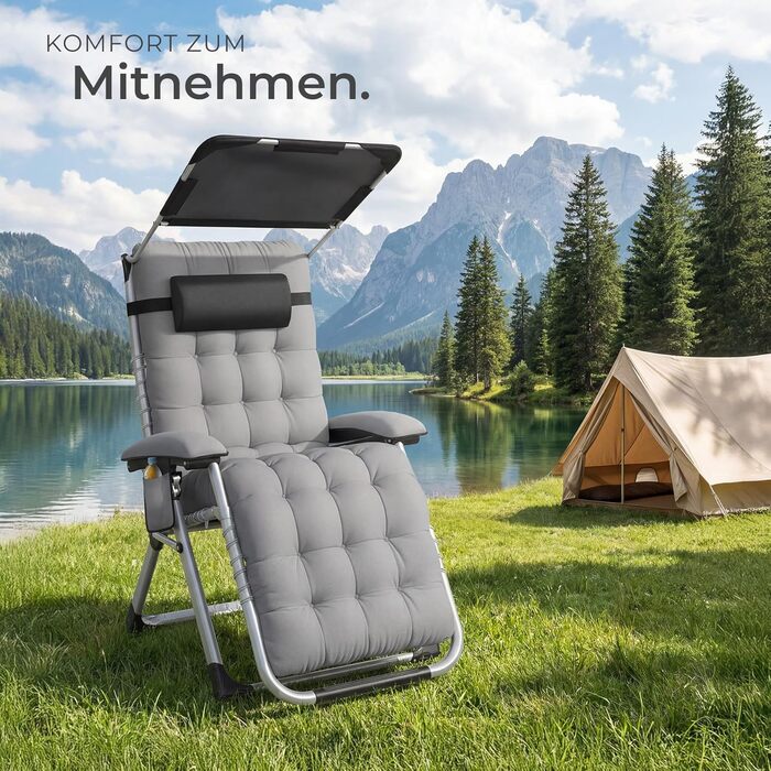 Шезлонг Tectake® розкладний з сонцезахисним дахом, для балкону та саду, місткість до 200 кг, сірий (1 шт.)