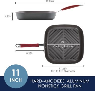 Сковорода-гриль Rachael Ray Cucina, квадратна, 28 см, з антипригарним покриттям, сіра з червоними ручками