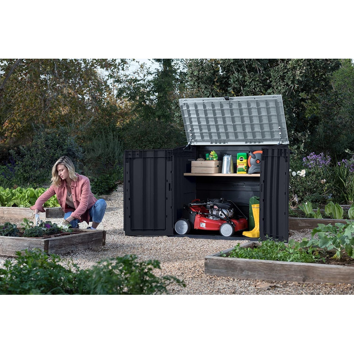 Keter Store it Out Nova пластиковий сарай для саду, 132x71,5x113,5 см, 880 л, темно-сірий, для 2x120 л сміттєвих баків, вуличний, водостійкий, з можливістю замикання