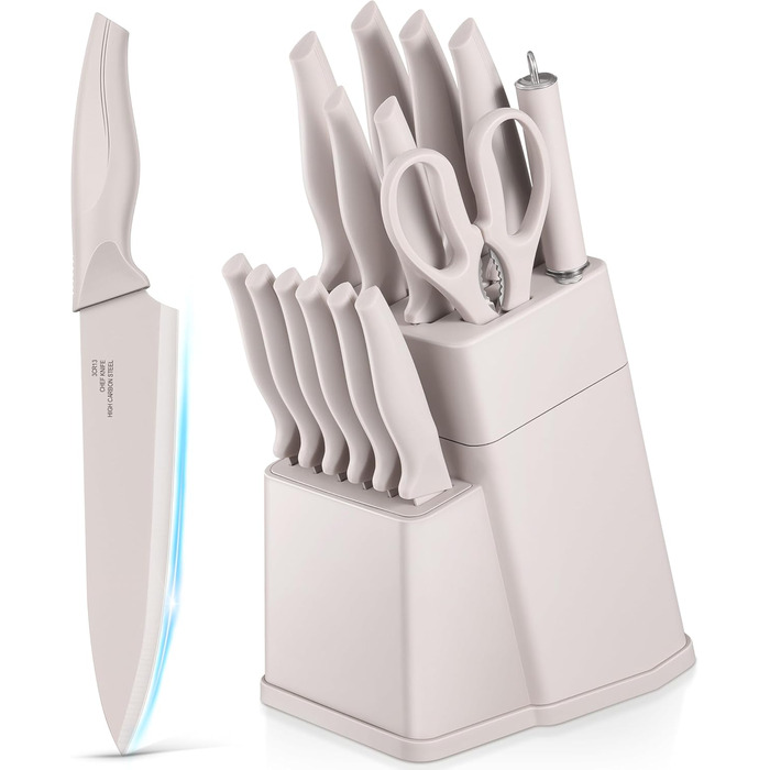 Набір кухонних ножів TEAMFAR з підставкою, 15 предметів, нержавіюча сталь, з точильним каменем, антипригарне покриття, для нарізки, подрібнення, колір хакі