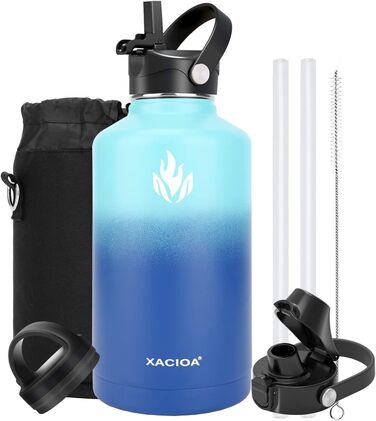 Пляшка для води з нержавіючої сталі XACIOA, 1 л / пляшка для пиття з вакуумною ізоляцією, герметична пляшка з солом'яною кришкою, без бісфенолу А, для активного відпочинку, кемпінгу, пішого туризму, велоспорту ,фітнесу (64 Унції, океан)