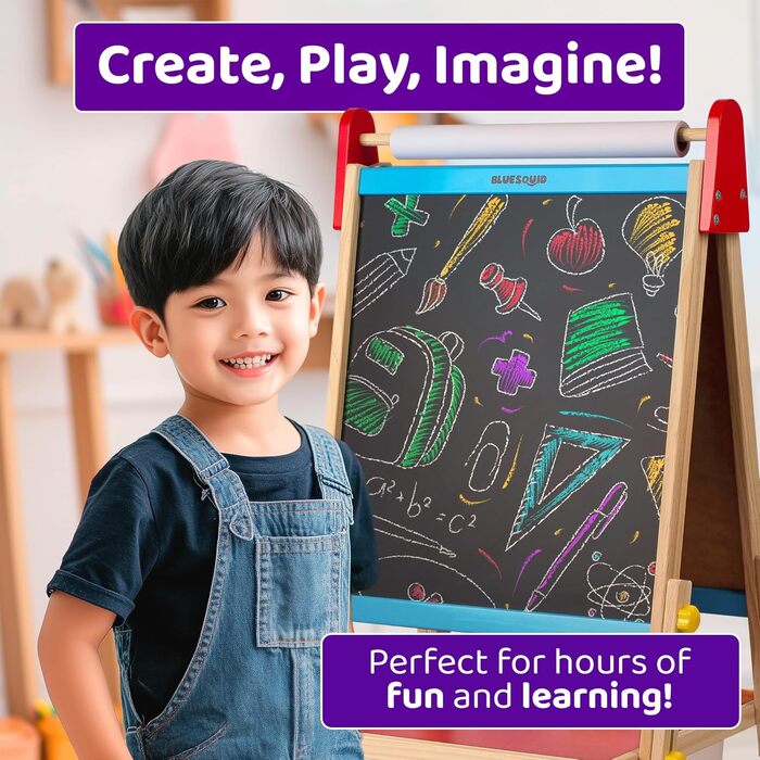 Дитяча мольберт Blue Squid Kinder Staffelei: регульована висота, двосторонній, з крейдяною та магнітною дошкою, рулоном паперу, 100+ аксесуарів, для дітей 3-12 років, преміум-якість 2025