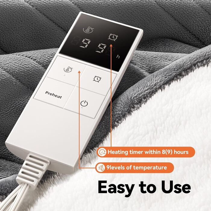 Електрична гріюча ковдра з автовимкненням, 9 зон нагріву, 200x180 см, таймер 1-9 год з функцією пам'яті, швидкий нагрів, рівномірний розподіл тепла, двостороння фланель та штучне хутро