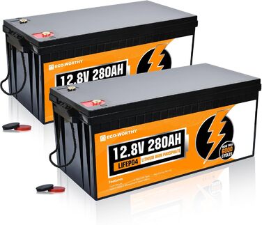 Акумуляторна батарея LiFePO4 12V 280Ah з BMS і 6000 циклами, літієва батарея 3584 Втгод 12 В для автофургону, комплект сонячних панелей, повний комплект сонячної системи (2 упаковки LiFePO4 12V 280Ah)