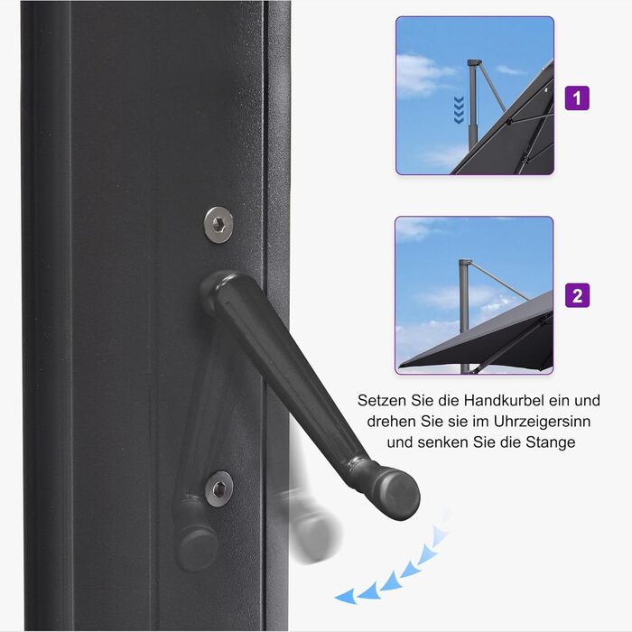 Парасолька від сонця PURPLE LEAF 350x350 см, велика садовий ампельний зонт з рукояткою, поворотом на 360° та хрестою основою для тераси та балкона, сіра