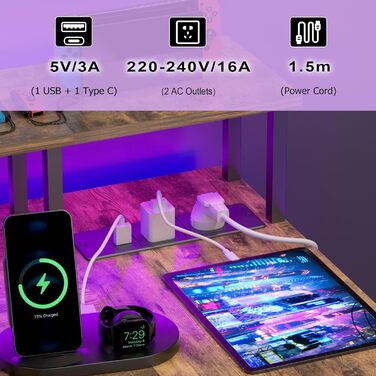 Комп'ютерний кутовий стіл BEXEVUE з розеткою та LED-підсвіткою 120x70 см. Ергономічний кутовий стіл, з відкидною полицею, для роботи, навчання та геймінгу, коричневий.