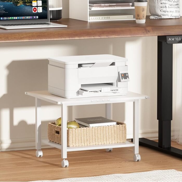 Стіл для принтера LELELINKY з колесами, мобільний двоярусний стійка для принтера, білий, 52.5 x 40 x 36 см