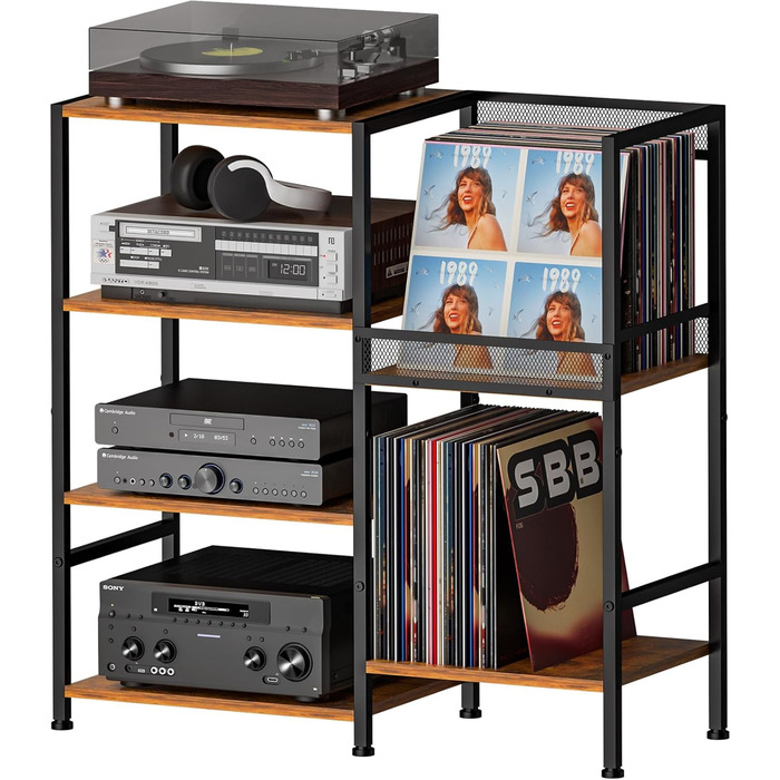 Підставка для програвача з полицями для вінілових платівок, до 200+ альбомів, медіа-тумба, консольний столик, стійка для аудіо-відео, підставка для програвача, полиця в стилі рустік, коричнева, компактна