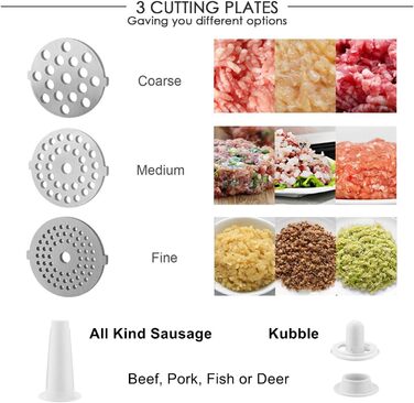 Електрична м'ясорубка з нержавіючої сталі з 3-ма дисками, ножем та насадкою для кубиків, ETL-сертифікат, 2000 Вт, чорний