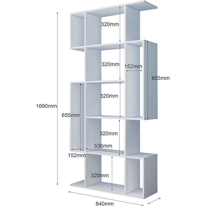 Книжкова шафа для вітальні, 5 ярусів, підставка для зберігання, полиця для дому, офісу, кабінету, S-подібна, біла