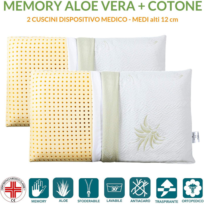 Ортопедичні подушки EVERGREENWEB 2 шт. з віскоеластичної піни 40x70x12 см з чохлом з алое вера. Виробництво Італія.