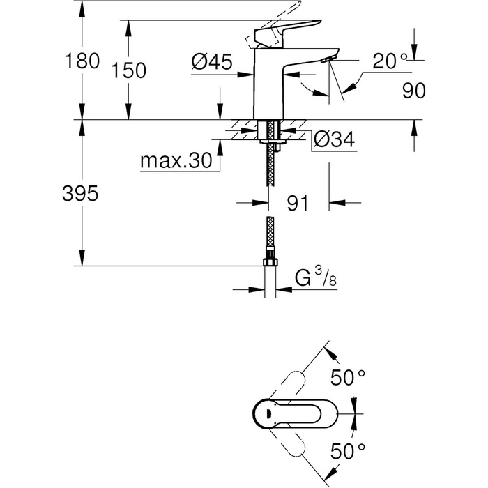 Змішувач для ванної кімнати GROHE BauEdge, водозберігаючий, хром, 15 см, з керамічним картриджем