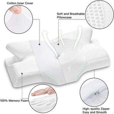 Ортопедична подушка Elviros з Memory Foam для сну на боці, підтримка шиї, зменшує біль у шиї та плечах, 53.8x11/9x33cm