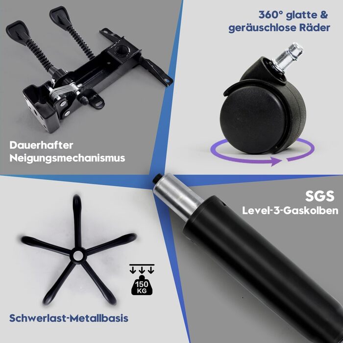 Ергономічне крісло для офісу, комп'ютерне крісло для начальника з регульованою спинкою 90-135° та підніжкою, сіре, тканина, 150 кг