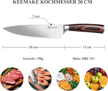 KEEMAKE Ніж кухарський 20 см, професійний ніж з високоякісної нержавіючої сталі, ніж для м'яса з ергономічною ручкою