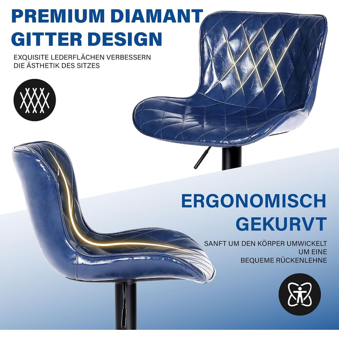Барні стільці Youhauchair 3 шт., шкіряні, регульовані по висоті, з підніжкою та спинкою, для кухні та бару (Блакитні)