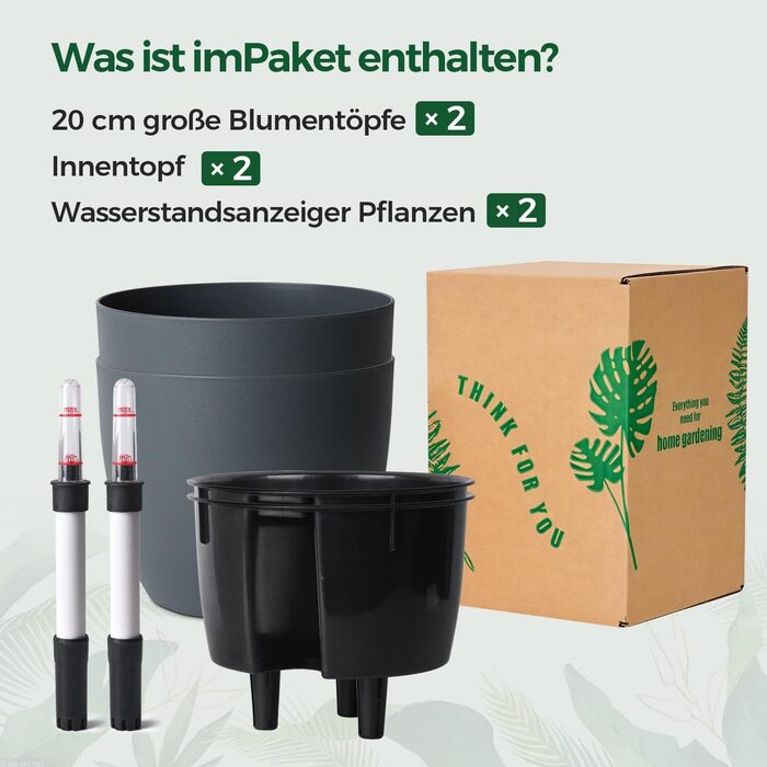 Автополив горщик з індикатором рівня води, 2 шт. - практичний горщик для квітів для зайнятих початківців та садівників, підходить для монстери/розмарину, для дому та саду (сірий, 20 см)