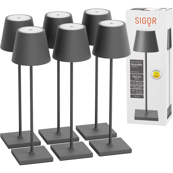 LED-лампа SIGOR Nuindie 2.0: диммування, акумулятор, IP54, 38 см, USB-C, 12 годин, графітовий (6 шт.)