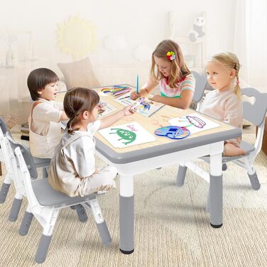 Дитячий стіл зі стільцями (2 шт) 80x60 см, регульована висота, сірий. Ідеально для дитячого садка, ігор, малювання та навчання. Легко миється. Підходить для дітей від 2 років.