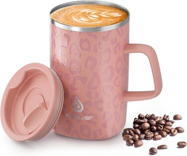 Кавова чашка Ideus® 470 мл з подвійними стінками, з нержавіючої сталі, з нековзним ручками та кришкою-ковпачком (Червоно-зебра, Рожева Леопард)