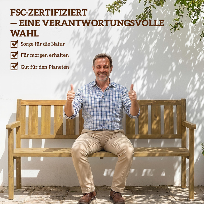 Садова лавка на 3 особи, стійка до погодних умов, з дерев'яною спинкою та підлокітниками. Міцна дерев'яна лавка з текового дерева, витримує навантаження до 360 кг.