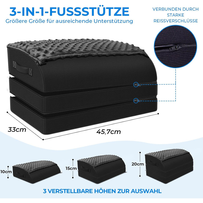 Підставка для ніг під стіл KingPavonini з гелевою піною пам'яті, 3 положення, зігріваюча сумка для ніг, підтримка спини, стегон та ніг, ергономічна підставка для офісного та геймінгового крісла (Чорний)