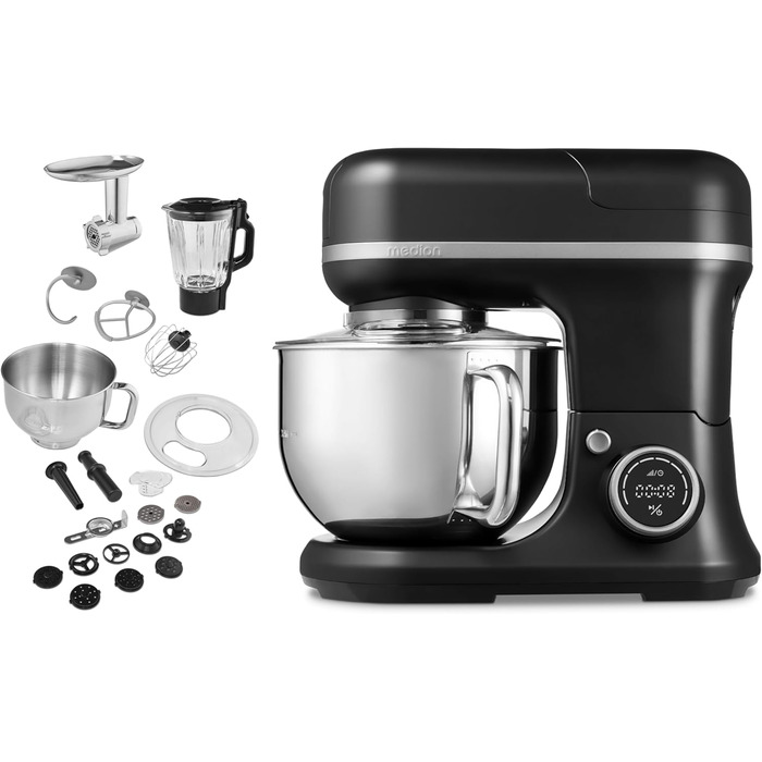 Кухонна машина MEDION MD18430: 3-в-1 (міксер, м'ясорубка, кухонний комбайн), 5 л чаша з нержавіючої сталі, 1200 Вт, подрібнювач, нарізувач, цифровий дисплей, чорний