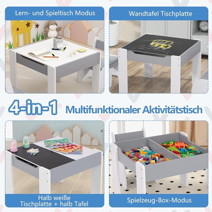 Детский стол со стульями COSTWAY 3 в 1, деревянная мебель для детей 3+, светло-серый, со съемной столешницей и местом для хранения