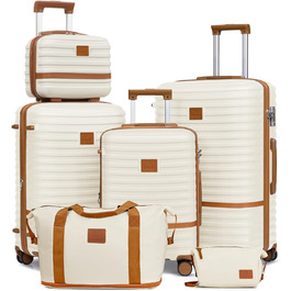 Набір дорожніх валіз Joyway 6 предметів, жорстка оболонка, з косметичкою, 4 колесами та TSA-замком, білий/коричневий