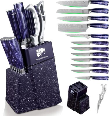Набір кухонних ножів Fullhi 14 предметів з бруском та чохлом, набір кухонних ножів для приготування стейків, кольорова ручка (фіолетовий смоляний)