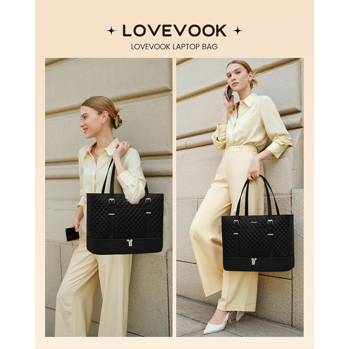 Сумка для ноутбука LOVEVOOK 15.6 дюймів для жінок з відділенням для ланчу, сумка-шопер, ділова сумка, портфель, сумка для навчання, містка, водонепроникна, чорна