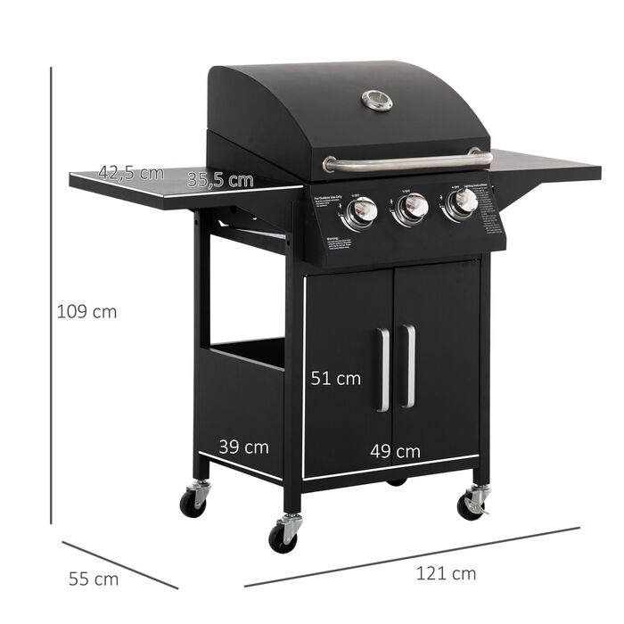Газовий гриль Outsunny BBQ з 3 пальниками, 3 кВт, мобільний гриль-візок з колесами, сітка для гриля, бічні столики, редуктор, шланги 121 x 55 x 109 см | Aosom