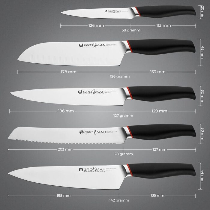 Набір кухонних ножів Grossman Bryant Messerblock 5-piece – набір з 5 ножів з нержавіючої сталі, чорні ручки, підставка з дерева, колір мідно-коричневий, антиковзне покриття